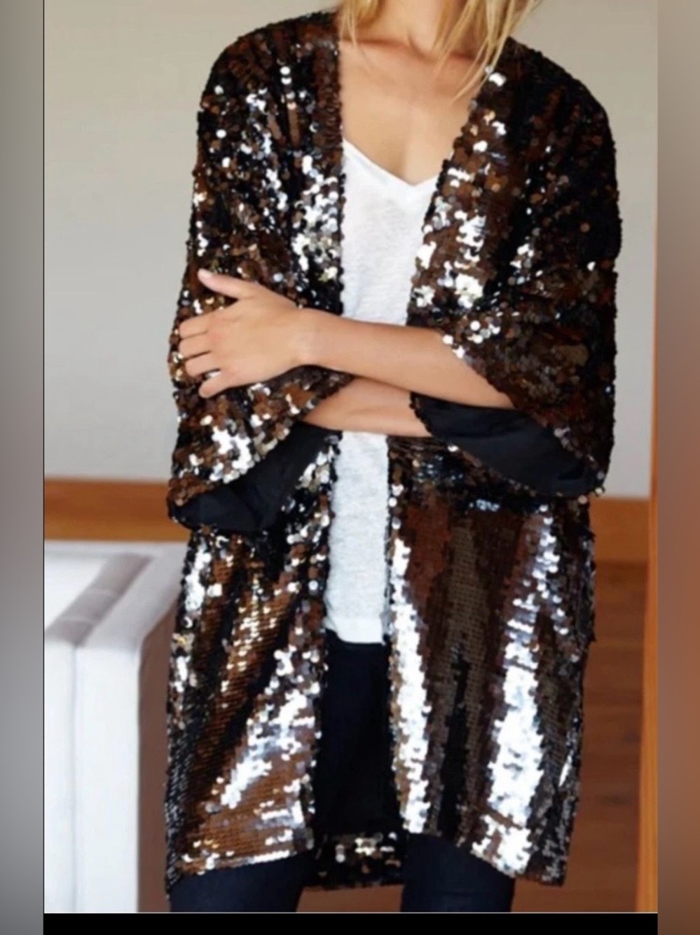 Emerson Fry Gunmetal Silver Sequin Kimono Jacket M/L Tags Attached